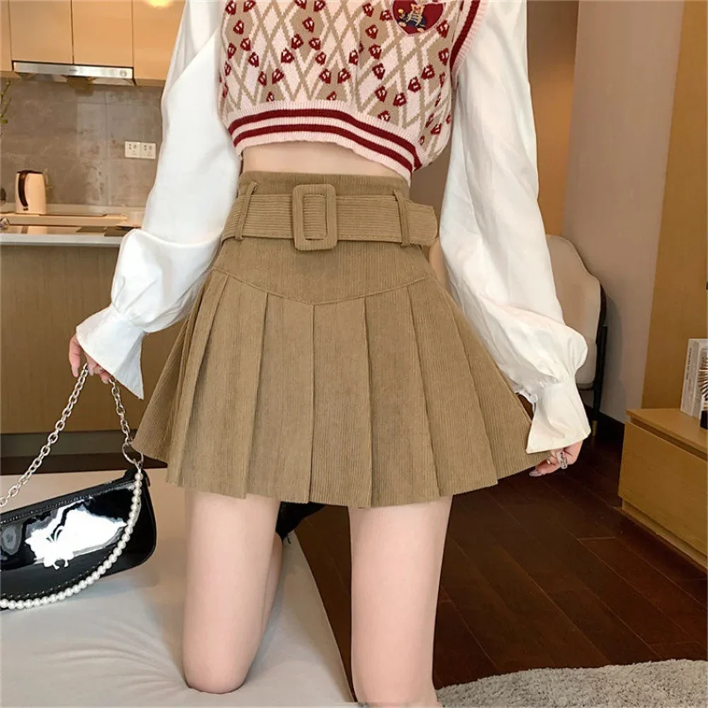 Herbst Frühling Hohe Taille Mode Neue Plissee Adrette Koreanische Style2025Cord Mini Röcke Frauen mit Schärpen Sexy Nette Solide