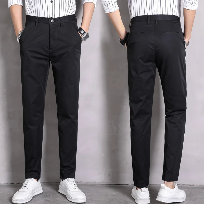 Spring Summer Ice Silk Thin Casual Young Men\'s Slim Fit Suit Pants Solid Button Zipper Pockets Versatile Straight Loose Trousers