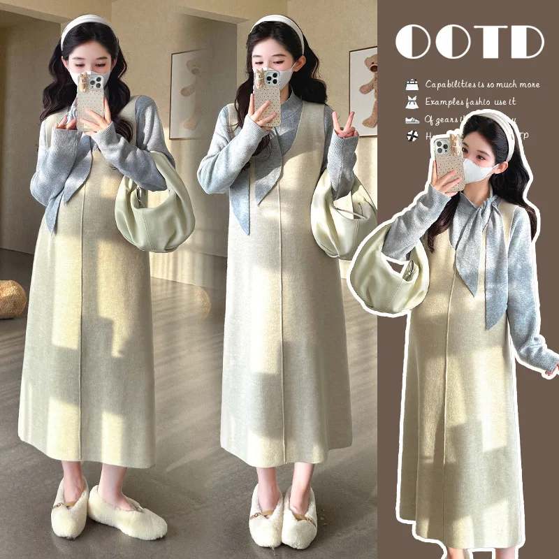 2026 New Autumn Winter Maternity 2 Piece Set Korean Style Bow Knit Top and Sleeveless Maternity Tank Dress Outfit