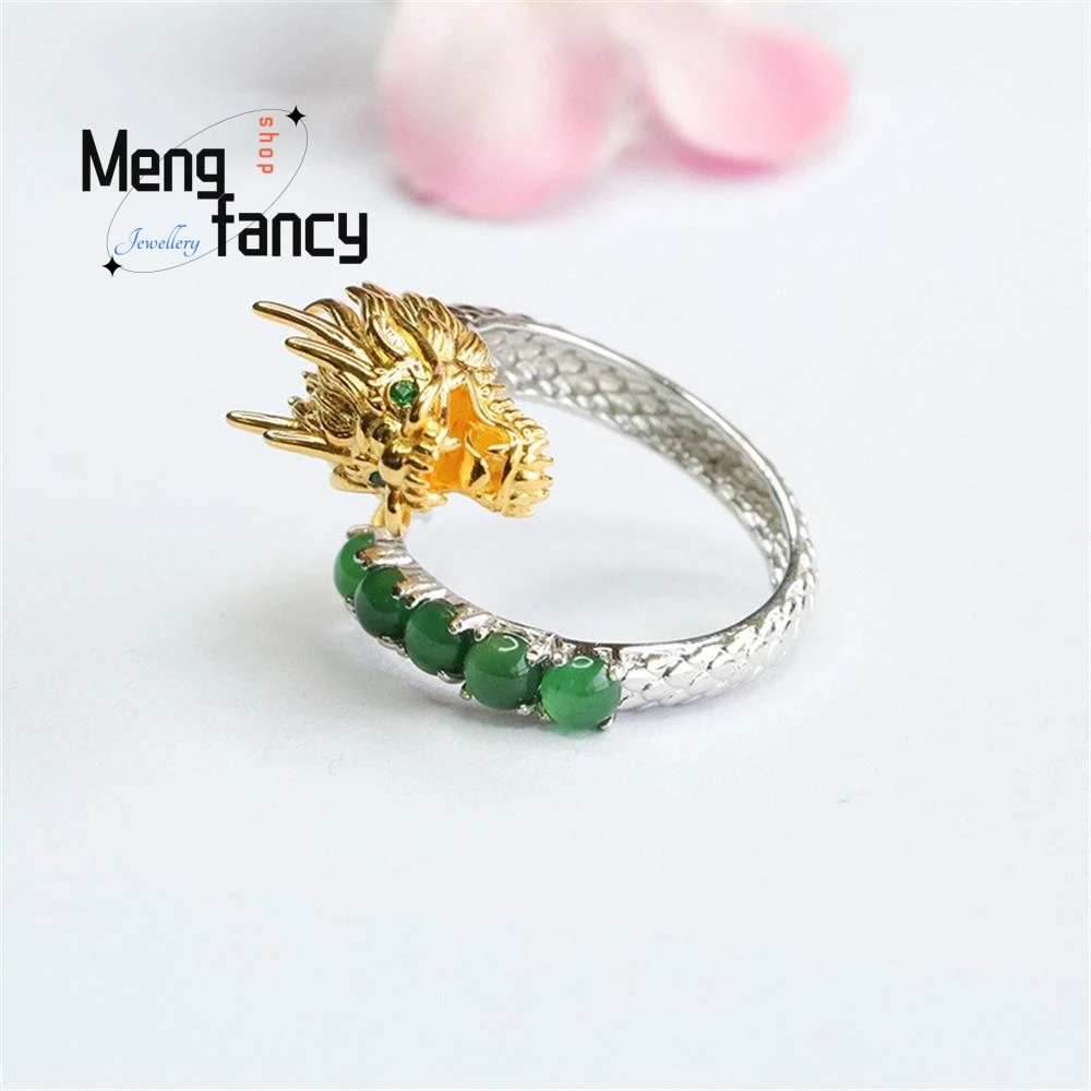 S925 Silver Lnlaid Natural Jadeite Exquisite Elegant High-grade Ice Seed Full Green Zodiac Dragon Ring Couple Fashion Jewelry