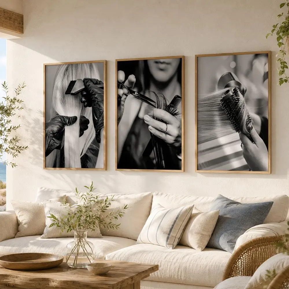 Monochrome Hair Studio Painting Calligraphy 3 PCS Vintage Fashion Canvas Wall Art Prints for Living Room Decor