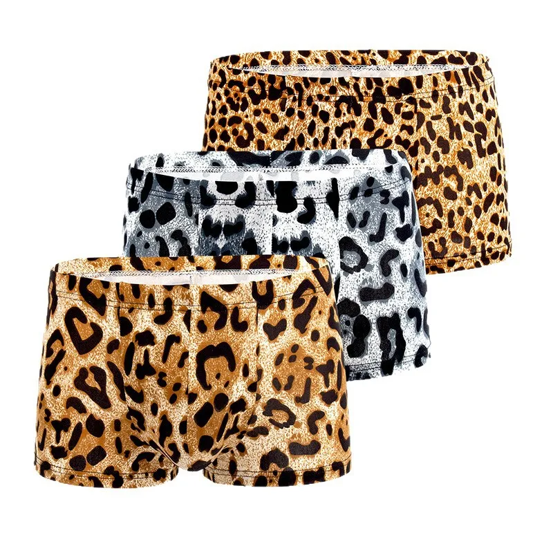 Fashion Leopard Printed Boxer Shorts Breathable Ice Silk Thin Men's Underwear U Bulge Pouch Underpants Sexy Quick Dry Panties