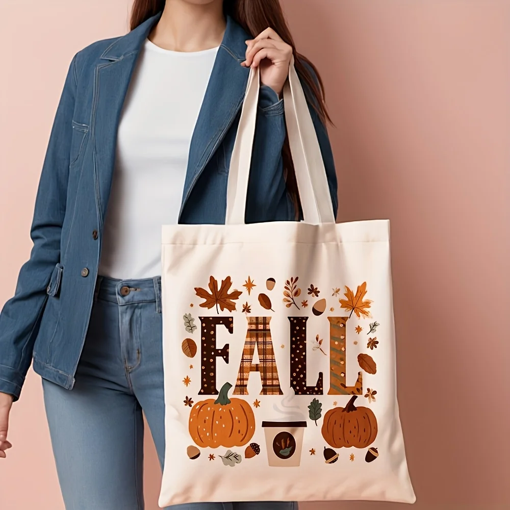 Fall Letter Pumpkin Maple Leaf Print Canvas Single Shoulder Bag Women Casual Handbag Large Capacity Ladies Daily Book Shopping