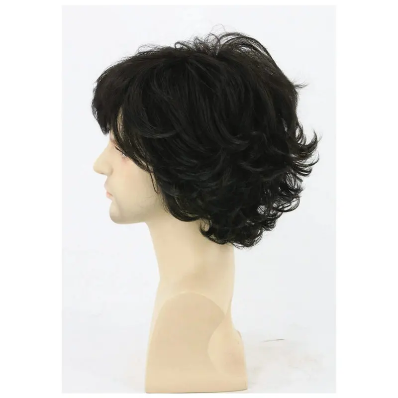 الرجال الأوروبية والأمريكية مجعد الجانب الانفجارات الشعر القصير بني داكن أسود شعر مستعار رقيق