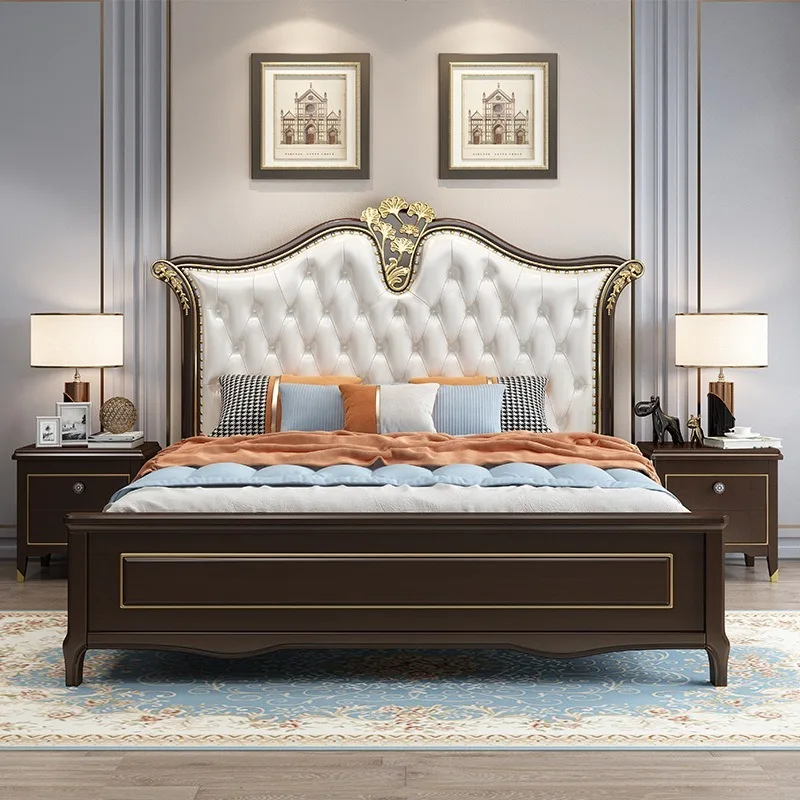 European Design Luxury King Bedroom Furniture Sets Royal King Size Bed for Villa Hotel Solid Wooden Bed With Soft Bag