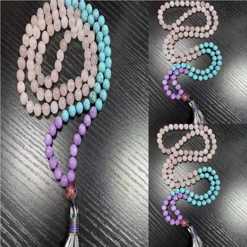 

8mm 108 pink crystal turquoise purple chalcedony knot necklace Yoga Mala Relief Crystal Peace Rustic Men's Couples Prayer