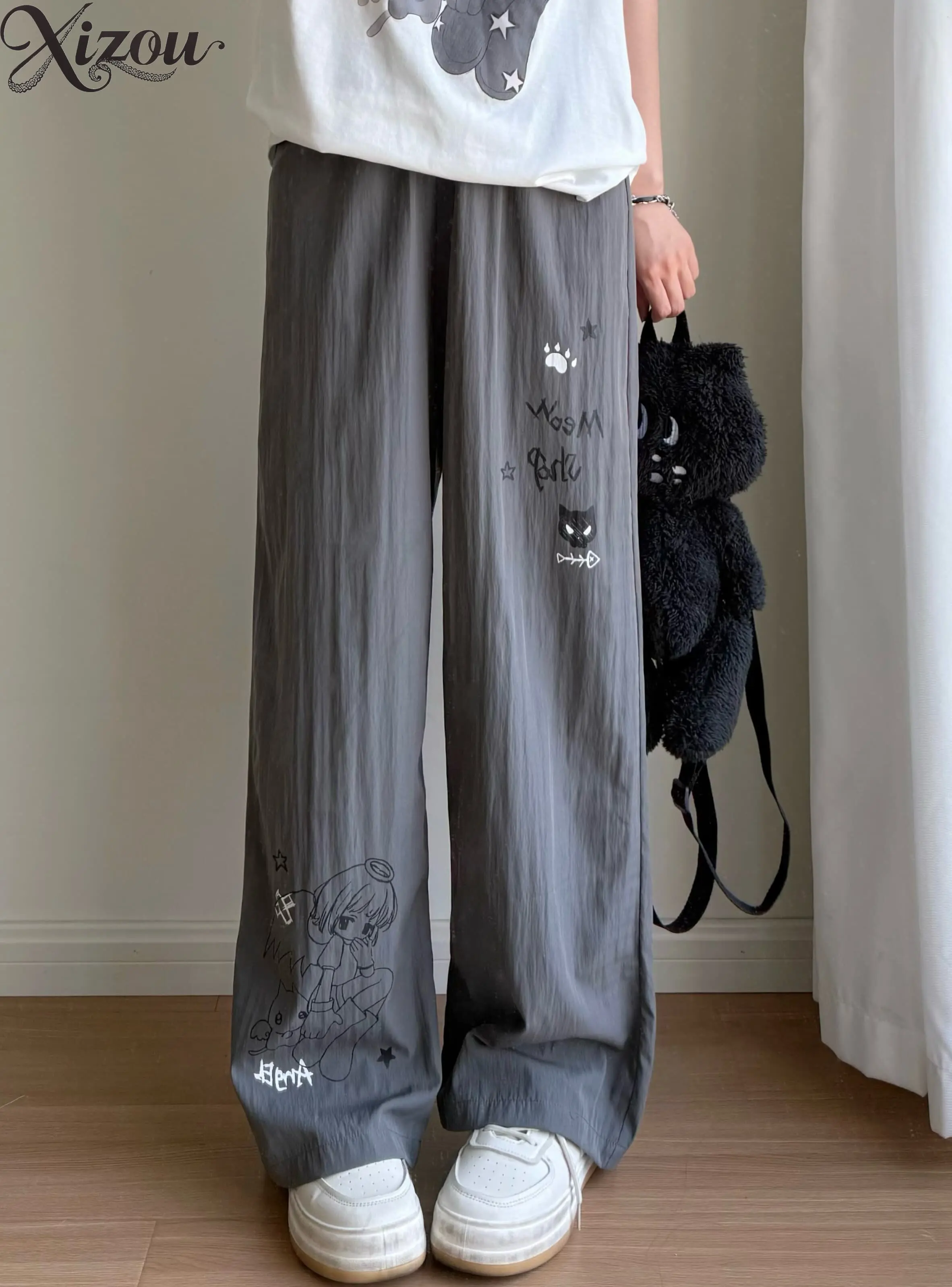 Women Black Angel Cartoon Print Ice Silk Wide Leg Pants Wrinkle Texture Sun Protection Loose Trousers Soft Pant Gray Spring
