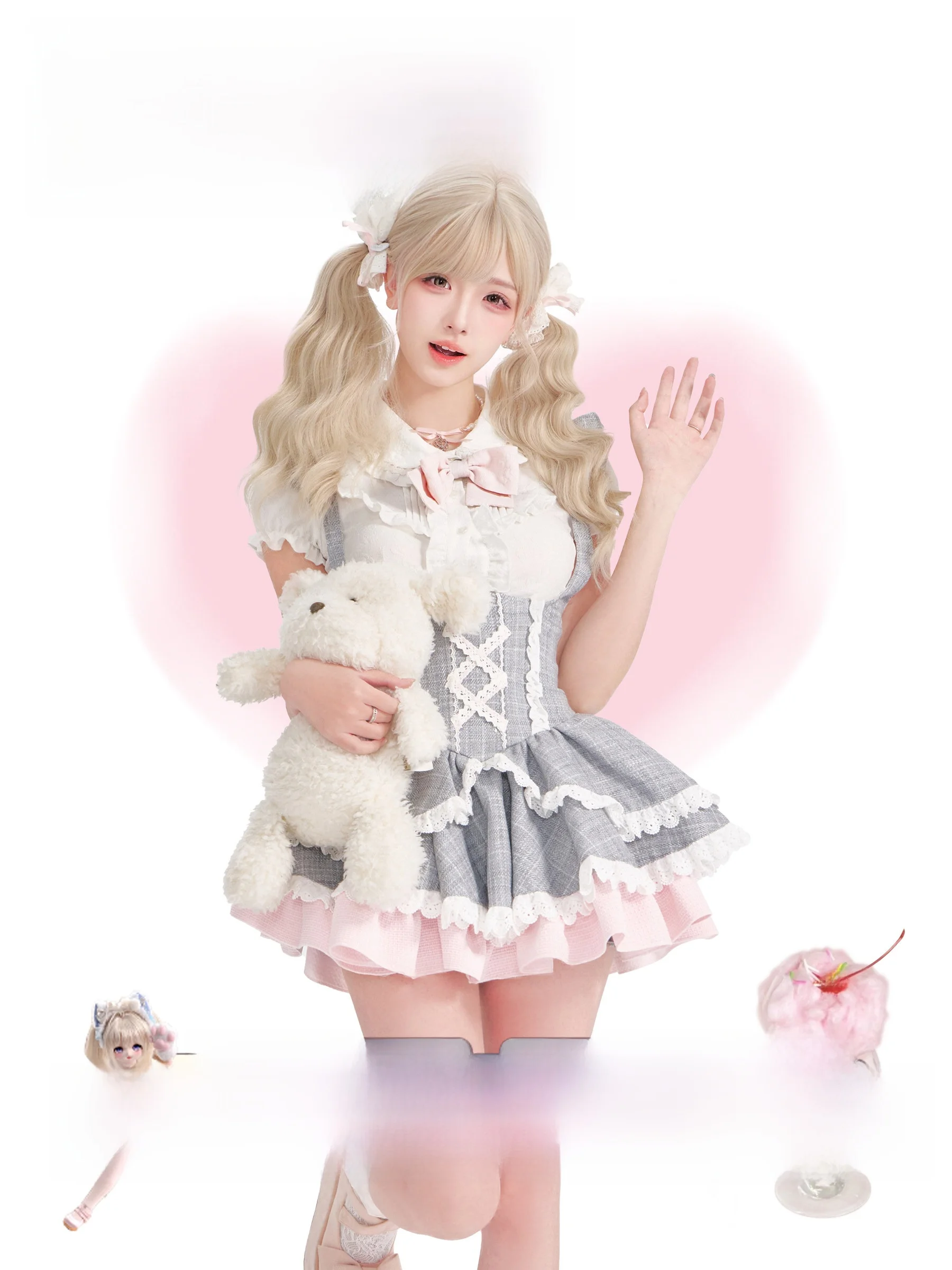 Conjunto de Camisa Blanca Estilo Universitario para Niñas con Lazo y Falda a Cuadros Grises, con Ribete de Encaje Floral, Manga Corta, Cierre de Botones y Corte Ajustado