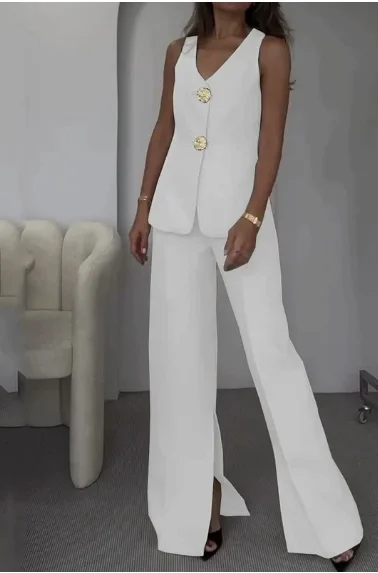 

Urban 2 Piece Sets Woman Outfit V-Neck Sleeveless Vest Top High Waisted Slit Wide Leg Pants Set for Elegant Commuting Pants Set