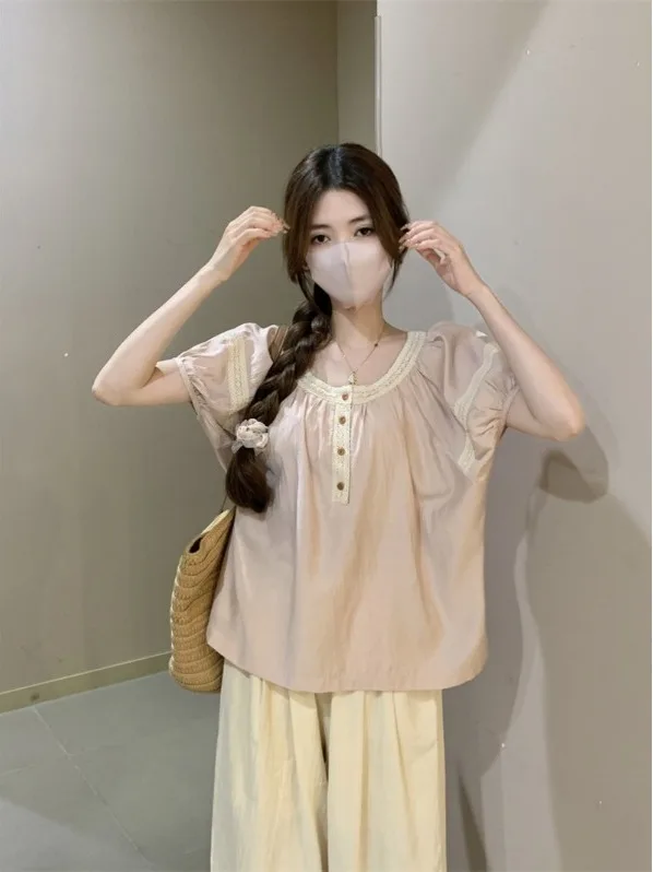 

plus Size Casual Versatile Summer Slimming Set Short Sleeve Shirt Wide Leg Pants Two Piece Set Stylish Hide Meat Look Sweet S...