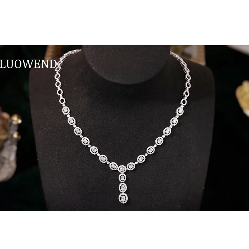 LUOWEND 18K White Gold Necklace Luxury Oval Shape 7.65carat Real Natural Diamond Necklace for Women Senior Banquet High Jewelry