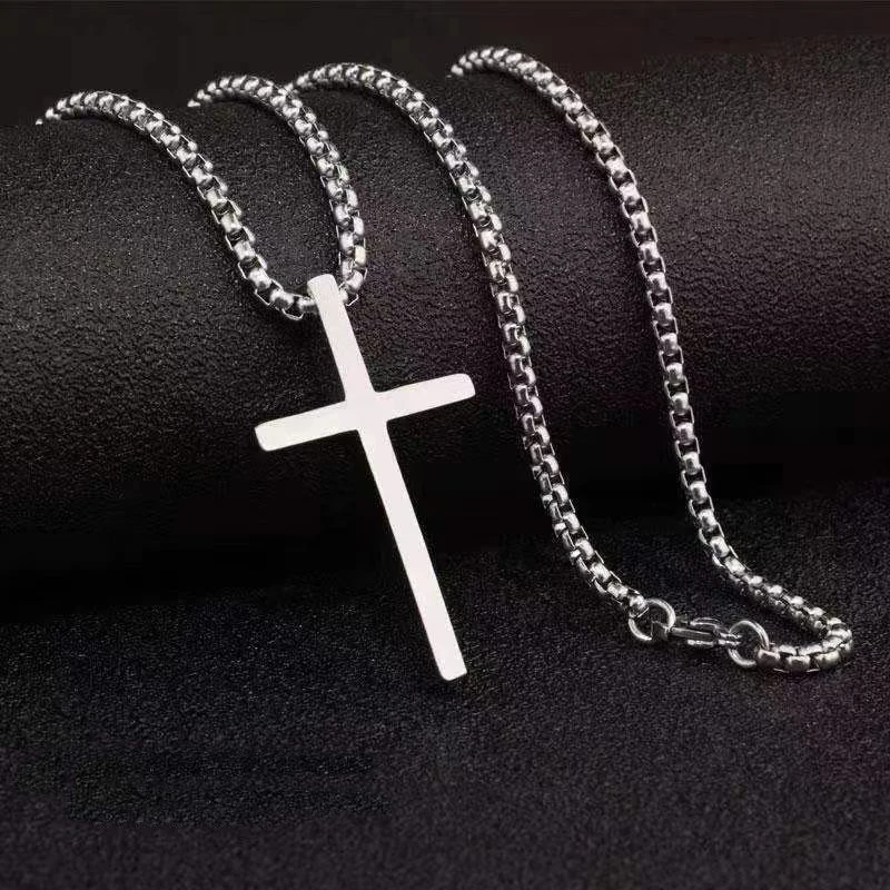 Hip Hop Trend Cross Pendant Necklace for Men Simple Punk Silver Color Titanium Steel Chain Versatile Street Jewelry Accessories