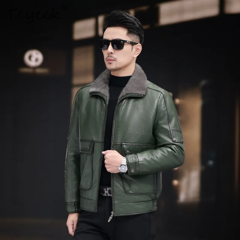 Tcyeek طبقة علوية من جلد البقر سترة جلدية أصلية معطف فرو منك حقيقي ملابس شتوية للرجال معاطف رجالية غير رسمية للأعمال