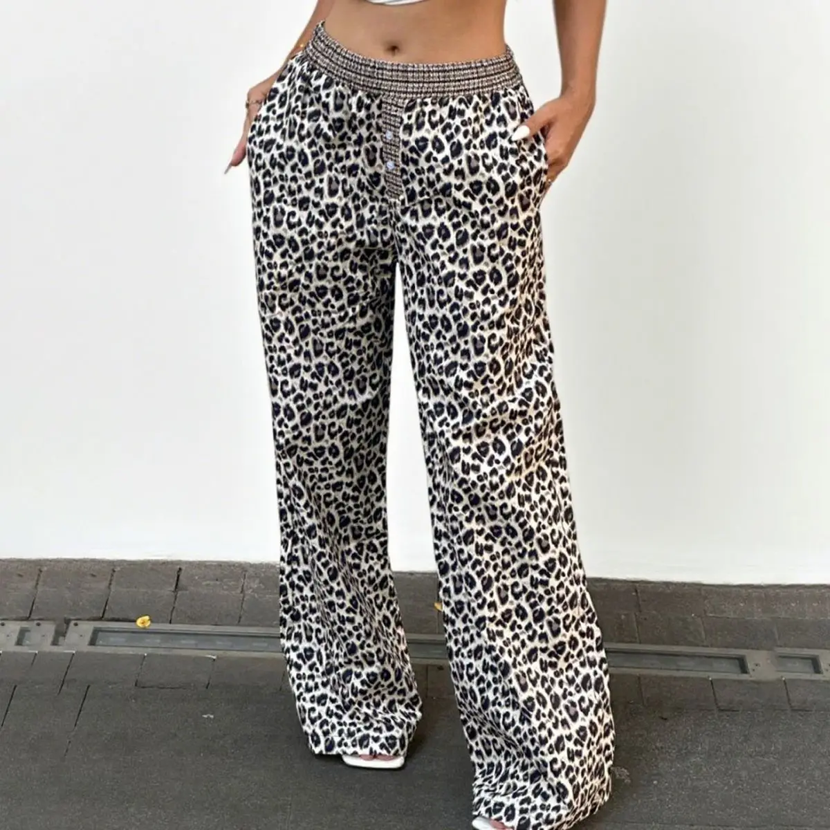 Pants Low Waist Women Summer Goth Chrome Alternative Polka Carnival Training Flared Y2K Middle-Aged Leopard Wide Korean Oversize view 6