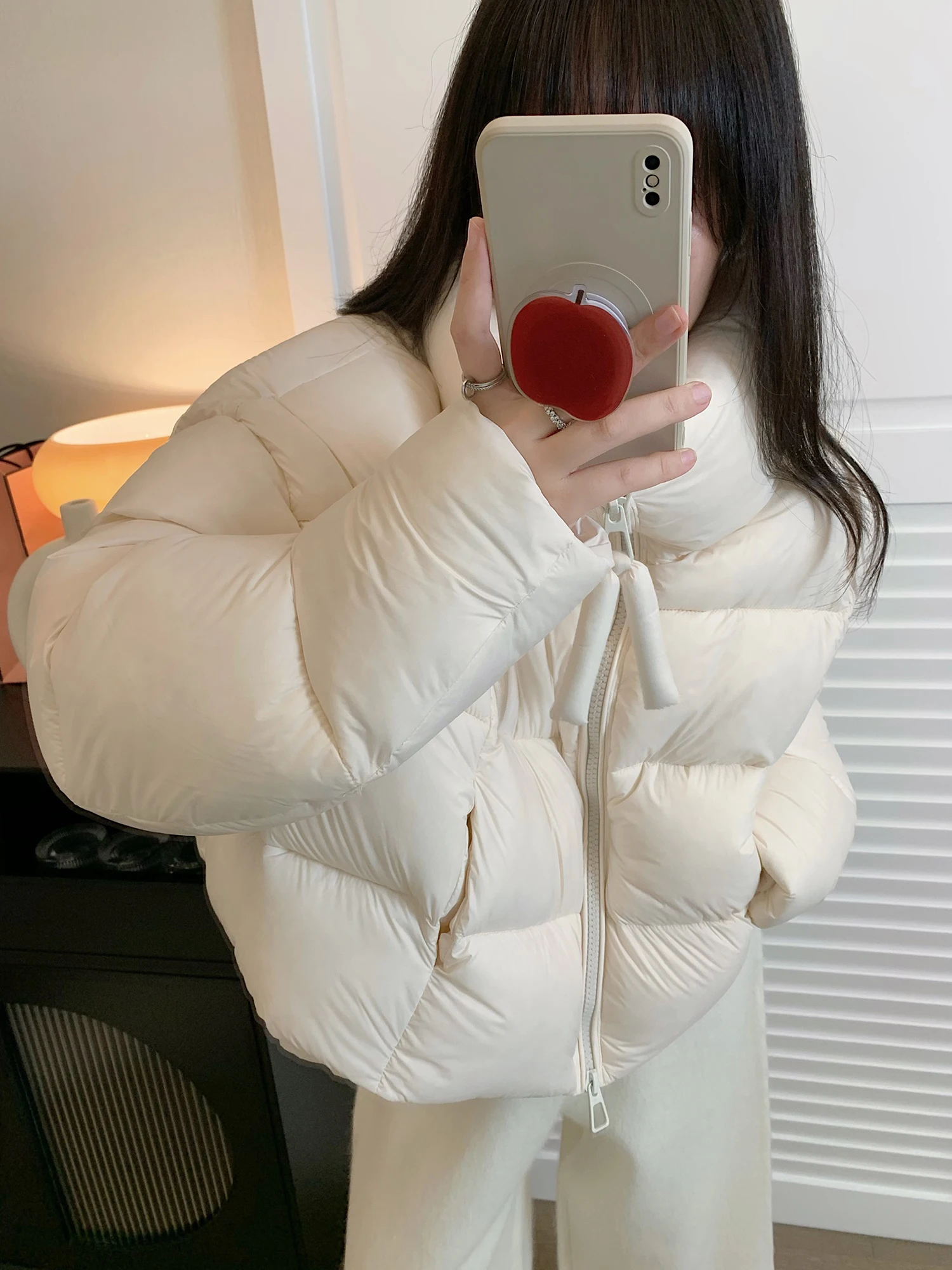 

Korean Sle ort Puffer Jaet Women's White Fluffy down Coat Winter Faion High Waist Long Sve Thi Outerwear