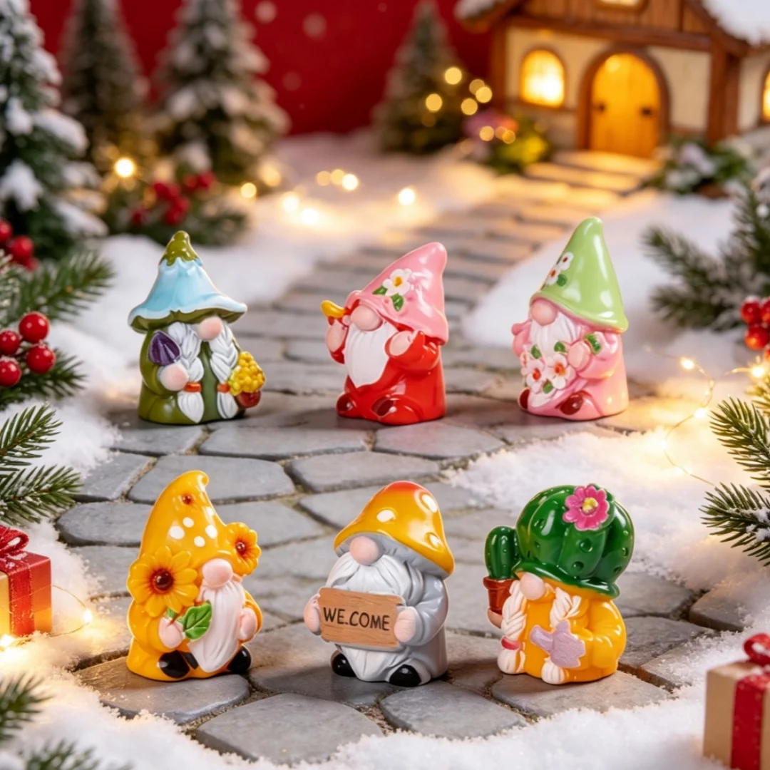6Pcs Mini Gnome Figurines Resin Crafts Micro Landscape Ornaments Car Desktop Lawn Decor Elf Bonsai DIY Christmas Decorations