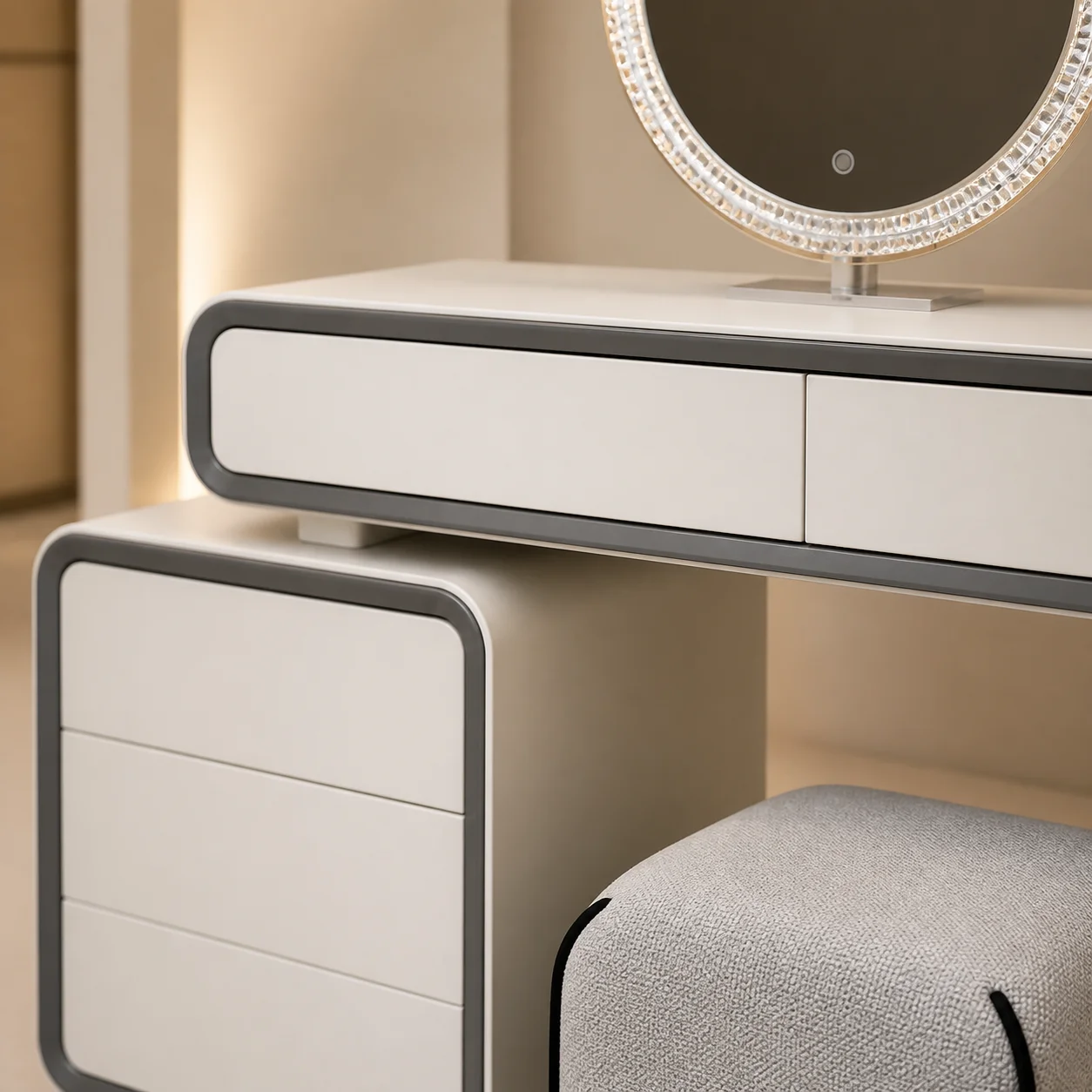 Ivory LED Dresser Set Luxury Bedroom Dresser with Round Mirror Chair and Storage Drawer