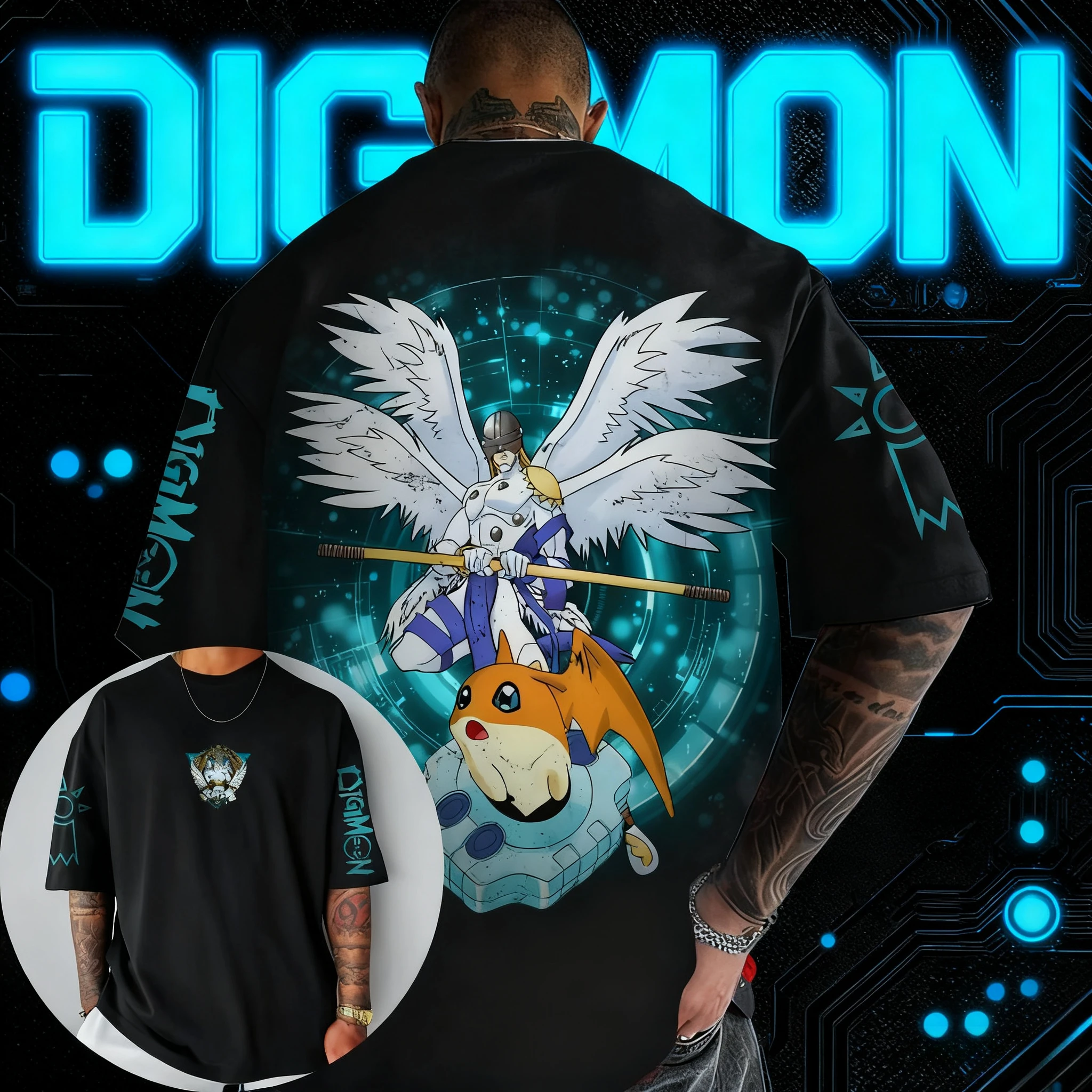 2025 verão digimon aventura animação marca 100% algodão angemon impresso camiseta para unisex manga curta casual adulto crianças