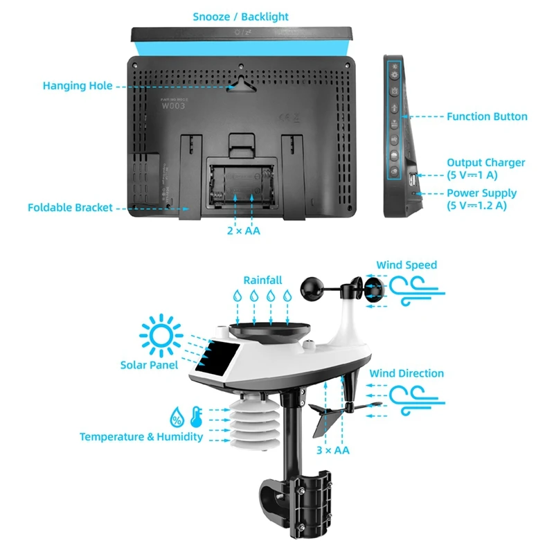 PT3390A Wireless Weather Station Temperature Humidity Sensor Wind Direction And Speed Barometric Alarm Clock EU Plug