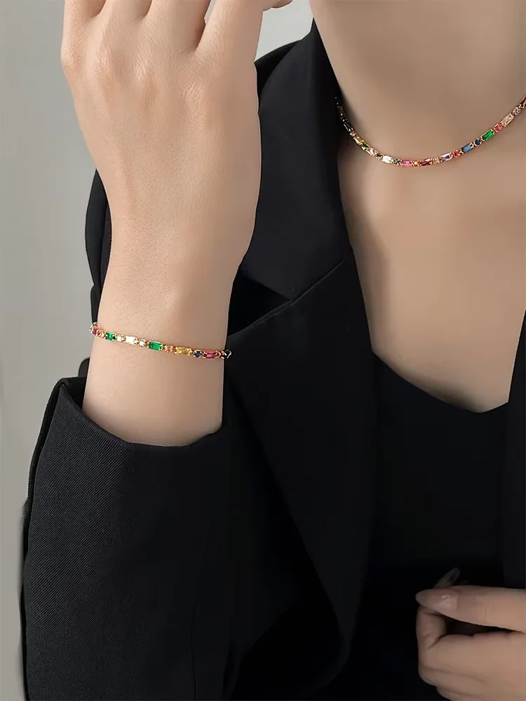 Dopaminfarbenes Zirkon-Design, goldfarbenes Kettenarmband, 2024, modisches Set, Schmuck, Luxus-Accessoires für Damen-Hochzeitsfeiern – Detail 8