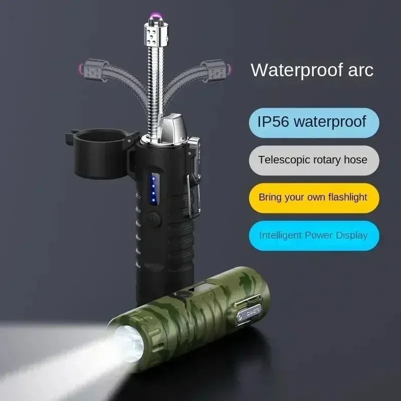 

Wind-proof and waterproof pulse double arc C-type fast charging electronic lighter outdoor lighter with strong light flashlight
