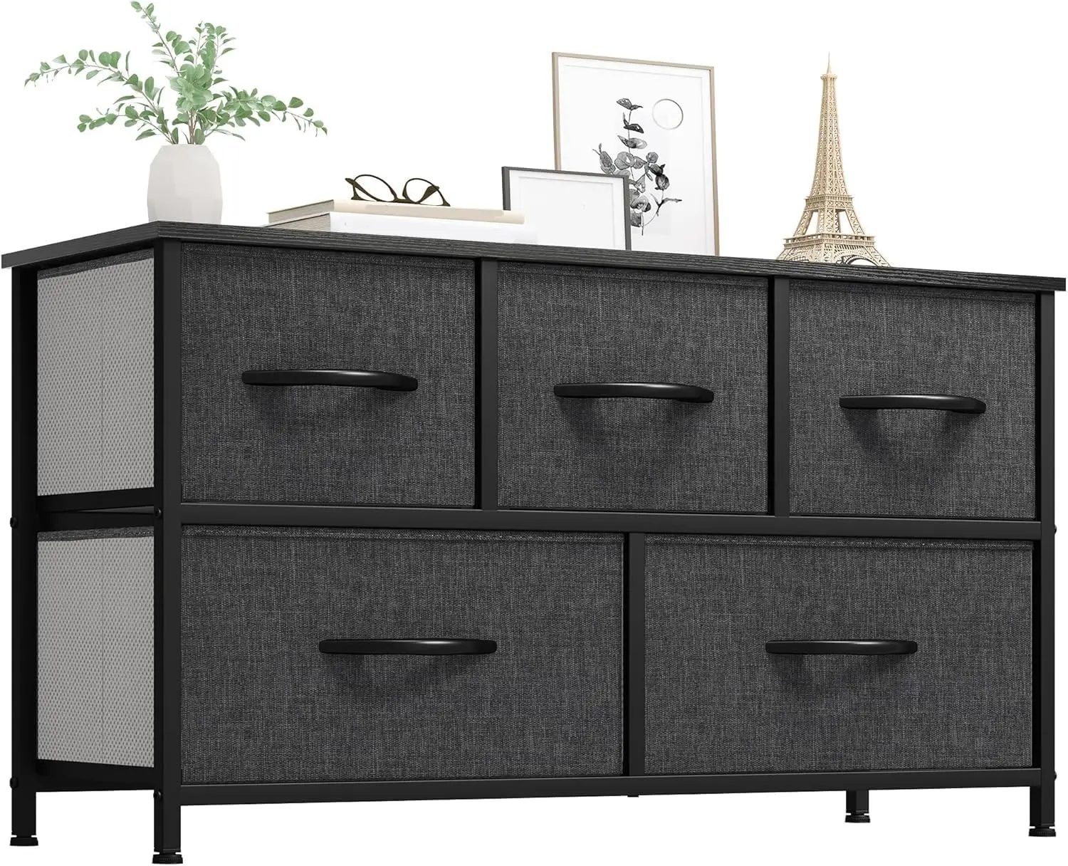 

5-Drawer Fabric Dresser, Black Storage Tower for Bedroom Organization - Chest of Drawers
