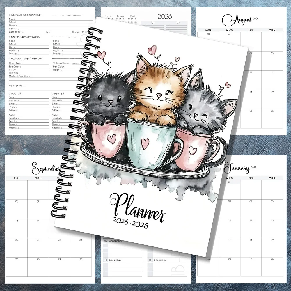 1PC 2026-2028 Cuaderno planificador con espiral, organizador de calendario académico y personal de 3 años, para establecimiento de objetivos anuales y planificación mensual