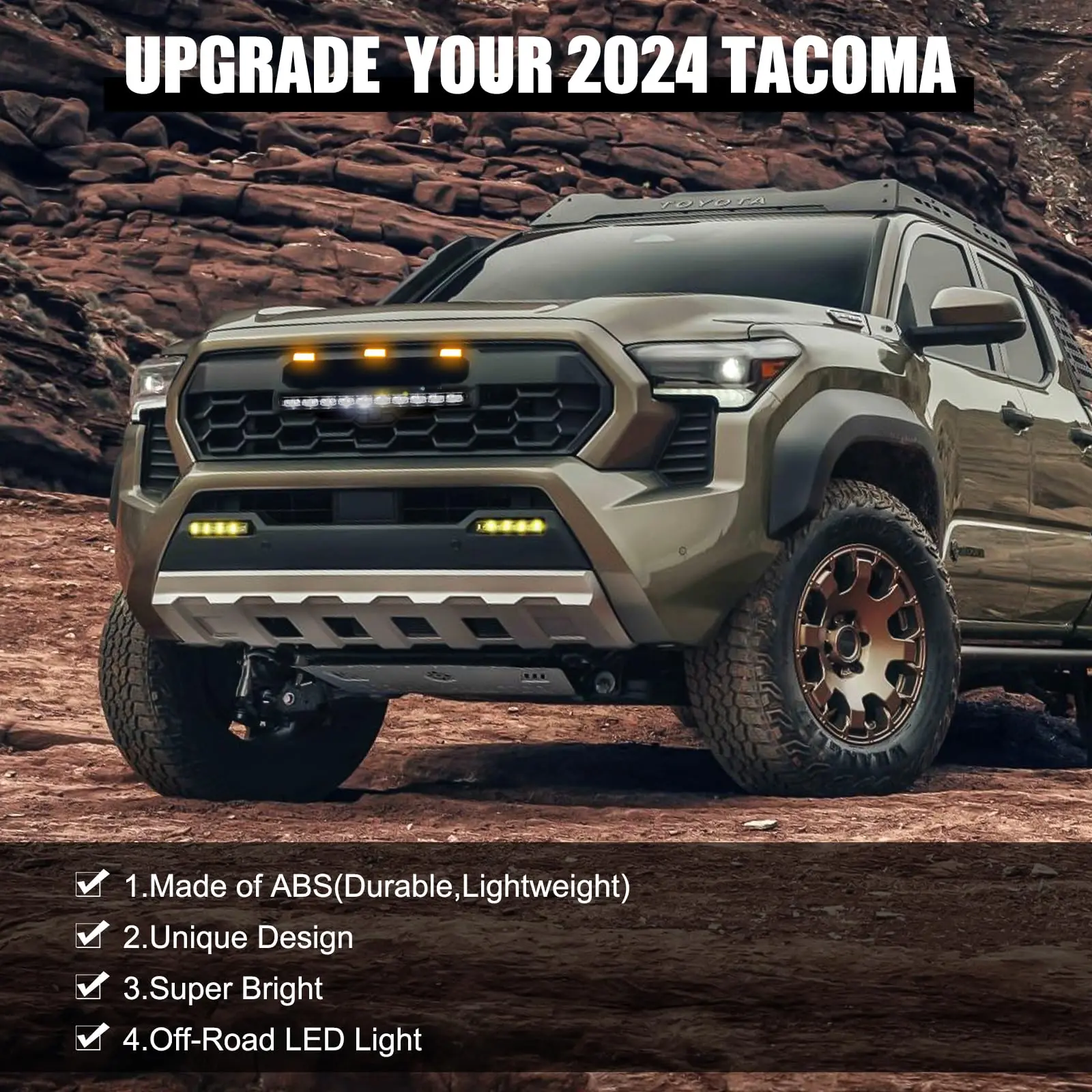 2024 Tacoma Replacement Grille, Front Hollow Grille Replacement, Matte Black Bumper ABS Grille with Amber Lights + LED Light Bar