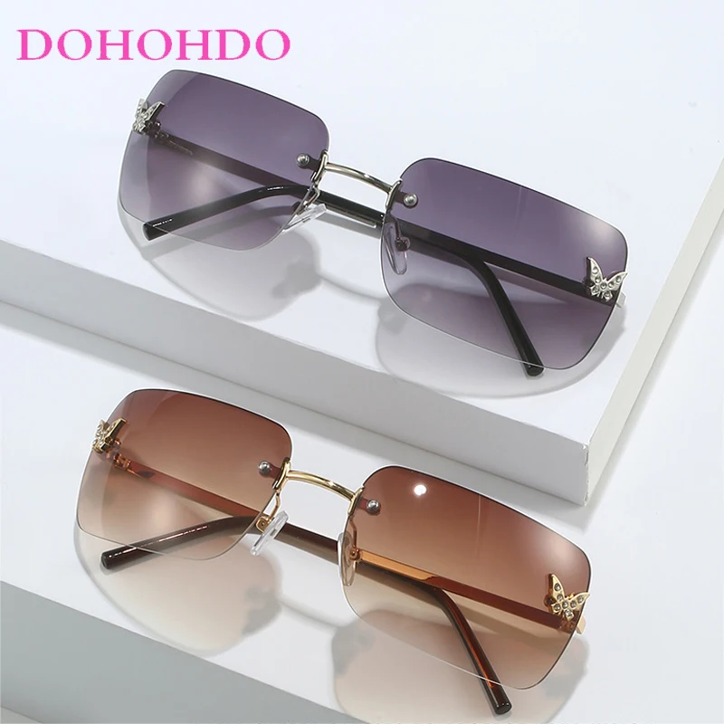 Fashion Rhinestone Butterfly Sunglasses For Women Men Y2K Retro Brand Rimless Sun Glasses Outdoors Travel Shades Unisex UV400