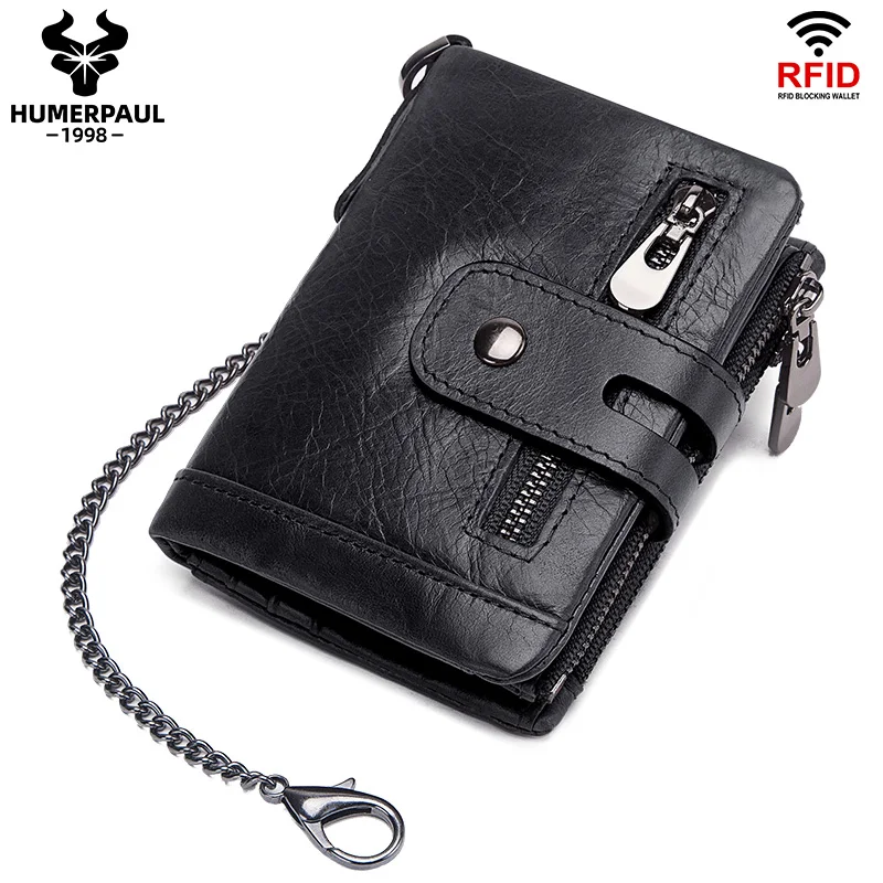 LAREET 100%Genuine Leather Wallet With Cowhide For Men Money Card Holder Purse RFID Short Double Zipper Coin Pocket Male Bifold