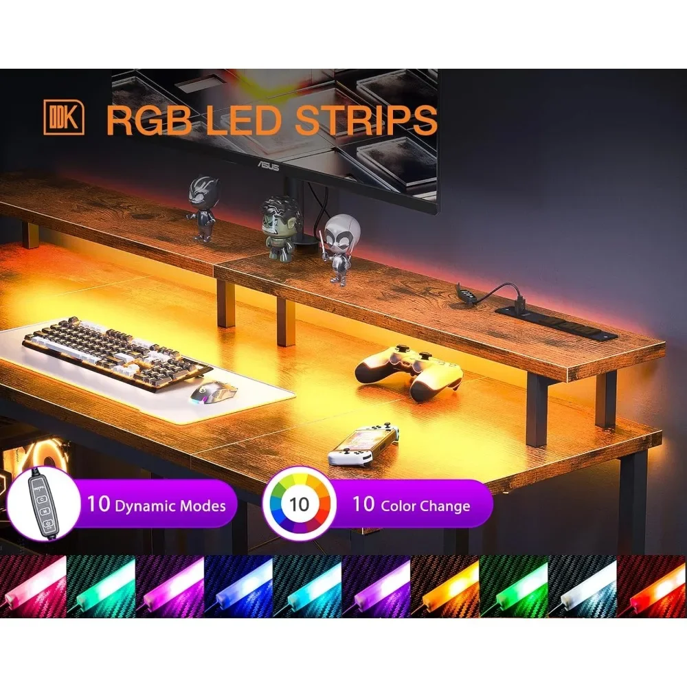 63 inch Computer Desk with Power Outlets & LED Lights, Gaming Desk with Monitor Stand & Storage Sheves, Home Office Desk