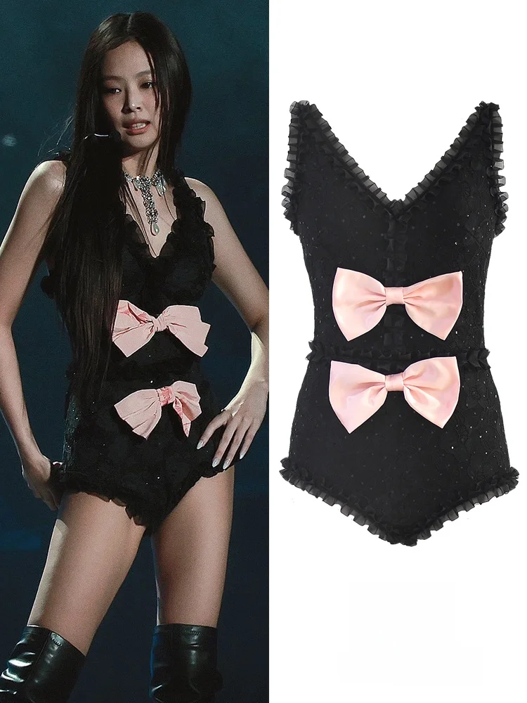 

Jennie Black Stage Tight Sleeveless Ruffle Knot Jumpsuit Women's Trendy Short Pants Sweet Lace Splice mid Waist