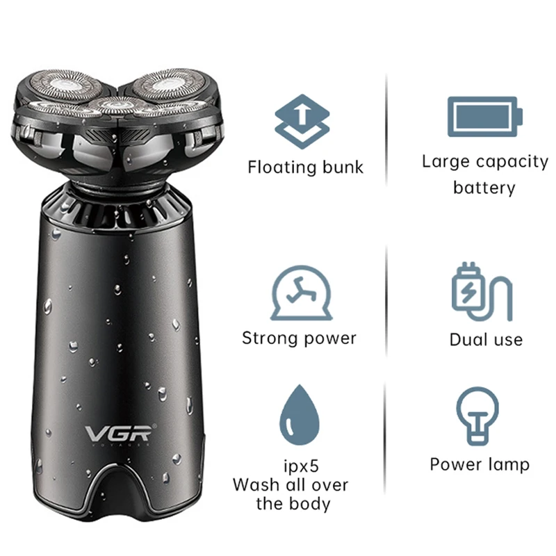 Vgr Intelligente Waterdichte Kapper Elektrisch Scheerapparaat Heren Baard Body Hair Trimmer Roterend Scheerapparaat Met 5 Kop