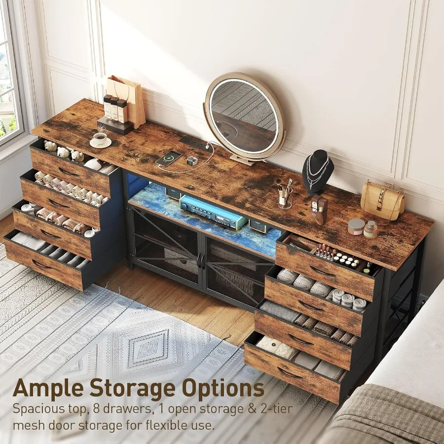 71 cômoda de suporte de TV para TV de 85/80/75 polegadas com tomadas de energia e luzes LED cômoda longa com 8 gavetas de tecido grande entretenimento