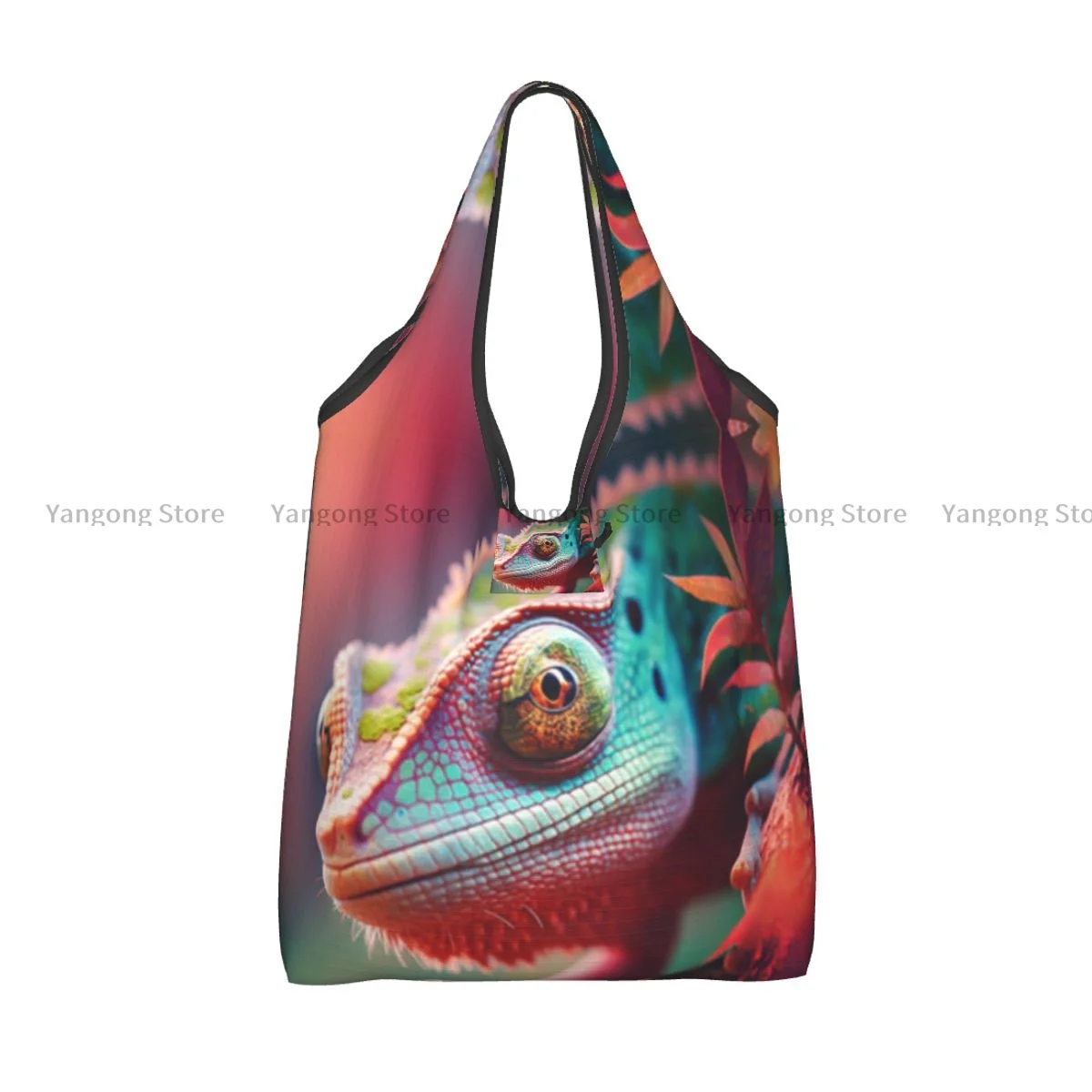 Foldable Shopping Bag Chameleon On Tree Branch Tote Folding Pouch Handbag Convenient Travel Grocery Bag