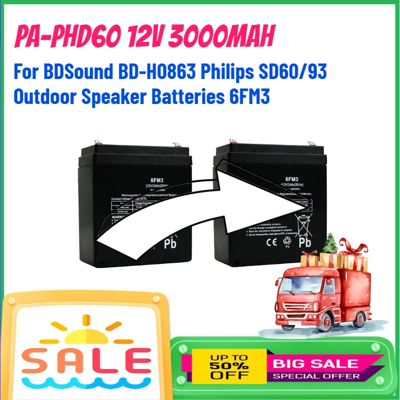 

PA-PHD60 12V 3000mAh Lithium Battery for BDSound BD-H0863 Philips SD60/93 Outdoor Speaker Batteries 6FM3 Accessories