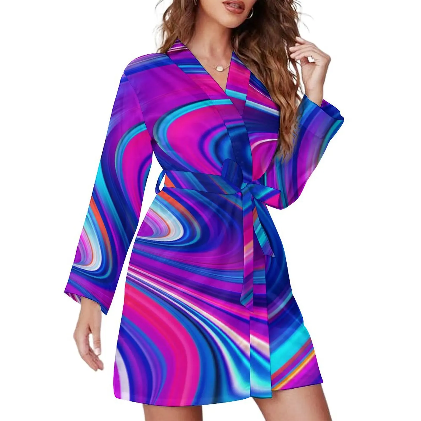 Rainbow Print Pajama Robe Marbled Abstract Long Sleeve Casual Loose Pajamas Robes Female V Neck Trendy Sleepwear Spring Dress