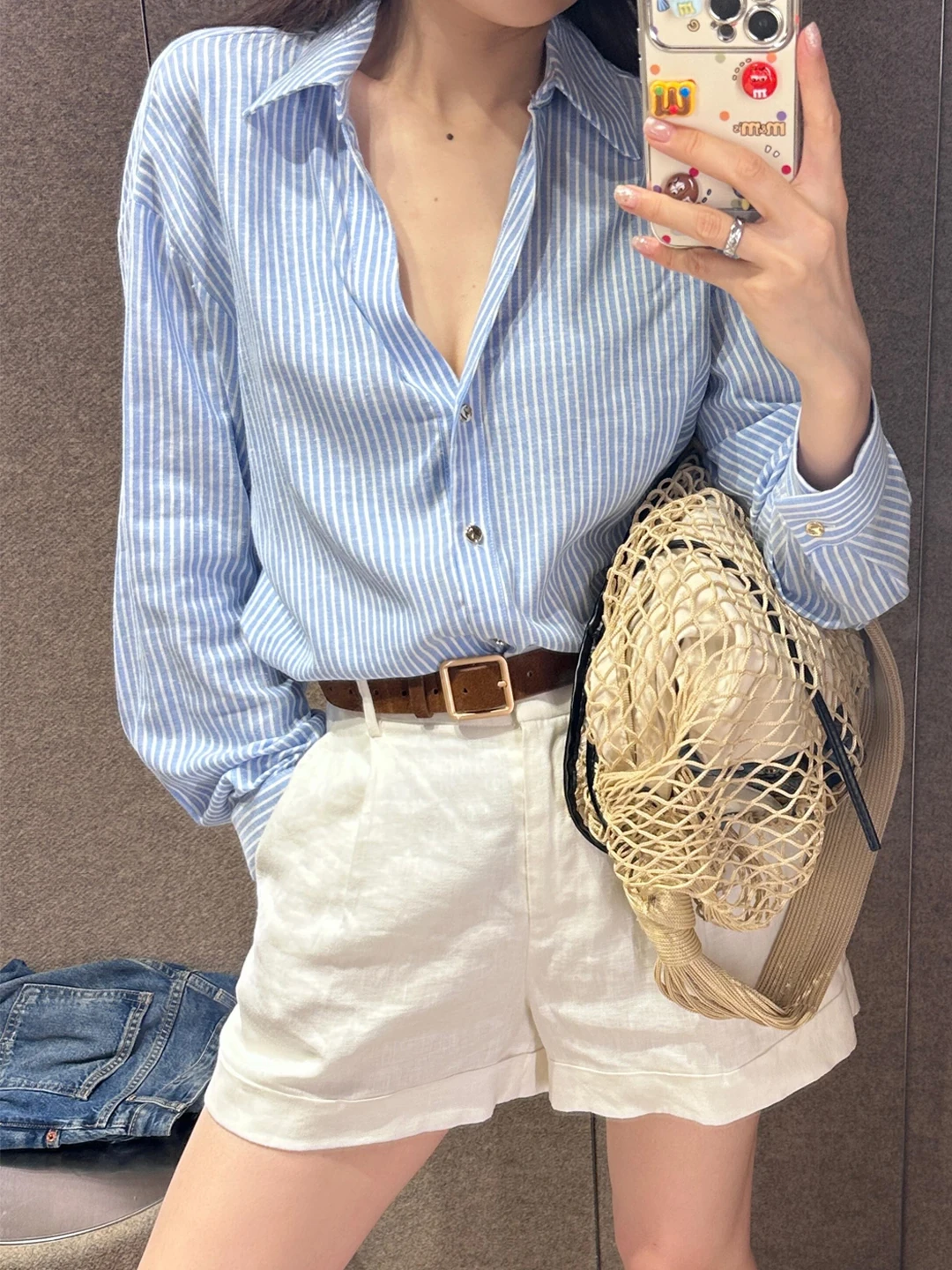 

Летняя льняная тонкая льняная одежда свободного кроя в синюю полоску с v-образным вырезом, женская верхняя одежда 2886909, повседневная универсальная легкая одежда irt