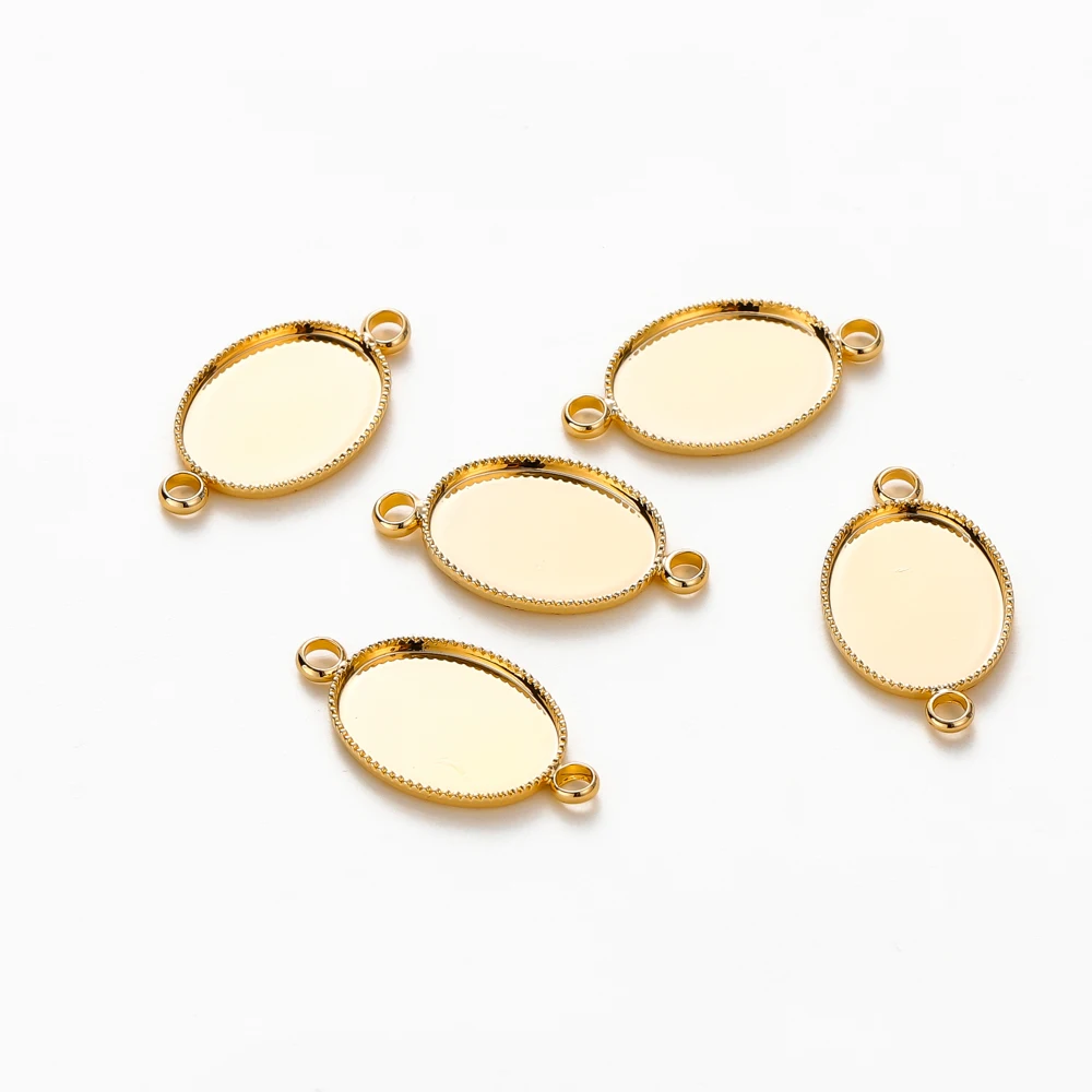 10 sztuk 14K 18K pozłacany kaboszon z podwójnym otworem podstawa wisiorka pusta taca Bezel DIY ręcznie robiony wisiorek komponenty do wyrobu biżuterii