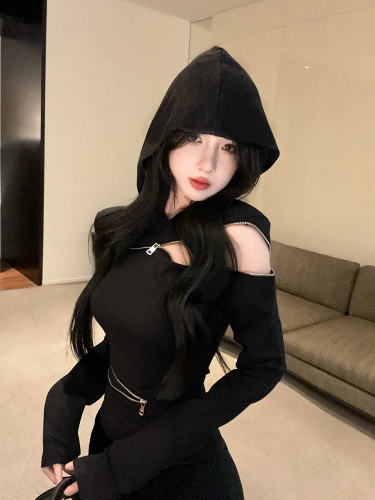 

Новая осенняя Y2k сексуальная винтажная толстовка с капюшоном женская мода полые молнии дизайн топы американская пряная девушка нерегулярная ретро наряд