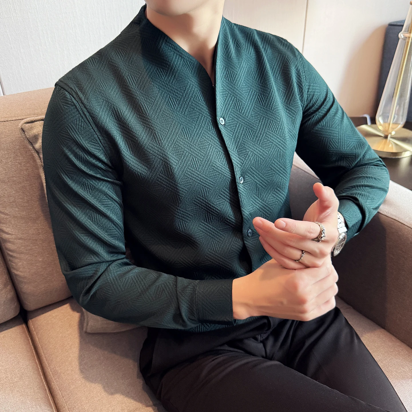 New Chinese Style V-neck Shirt Men's Long Sleeved Slim Fit Casual Business Stand-up Shirts High Quality Dress Tops Shirt 4XL-M
