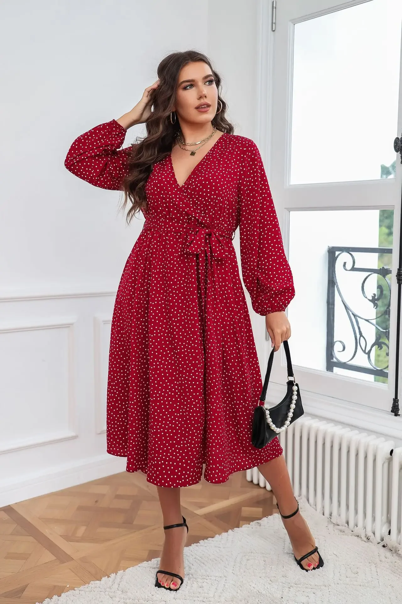 Plus Size Wrap V Neck Dresses Dotted Print Lace-Up Long Sleeves Boho Spring Fall Long Robe A Line Swing Maxi Gown Clothing