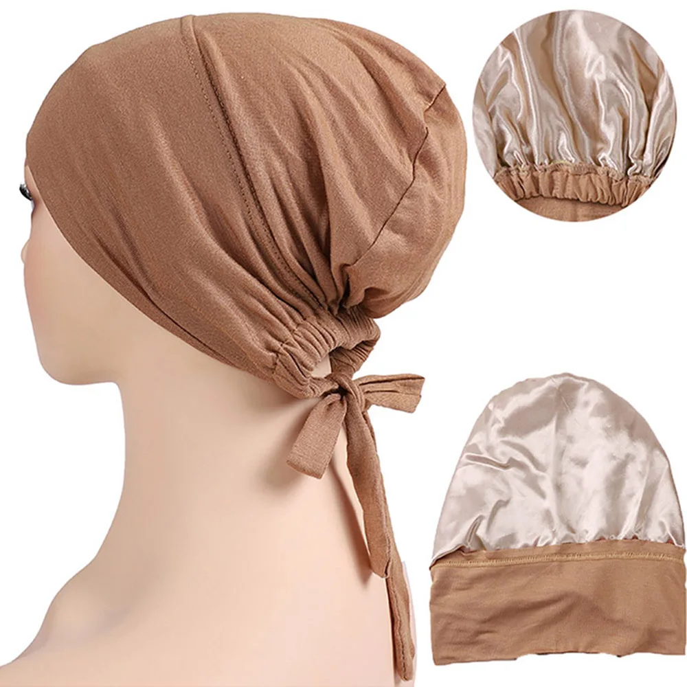 Double Layer Modal Satin Hijab Cap Islam Undercap with Tie Bonnet Instant Hijabs for Women Turkish Scarves Muslim Turban Bandana