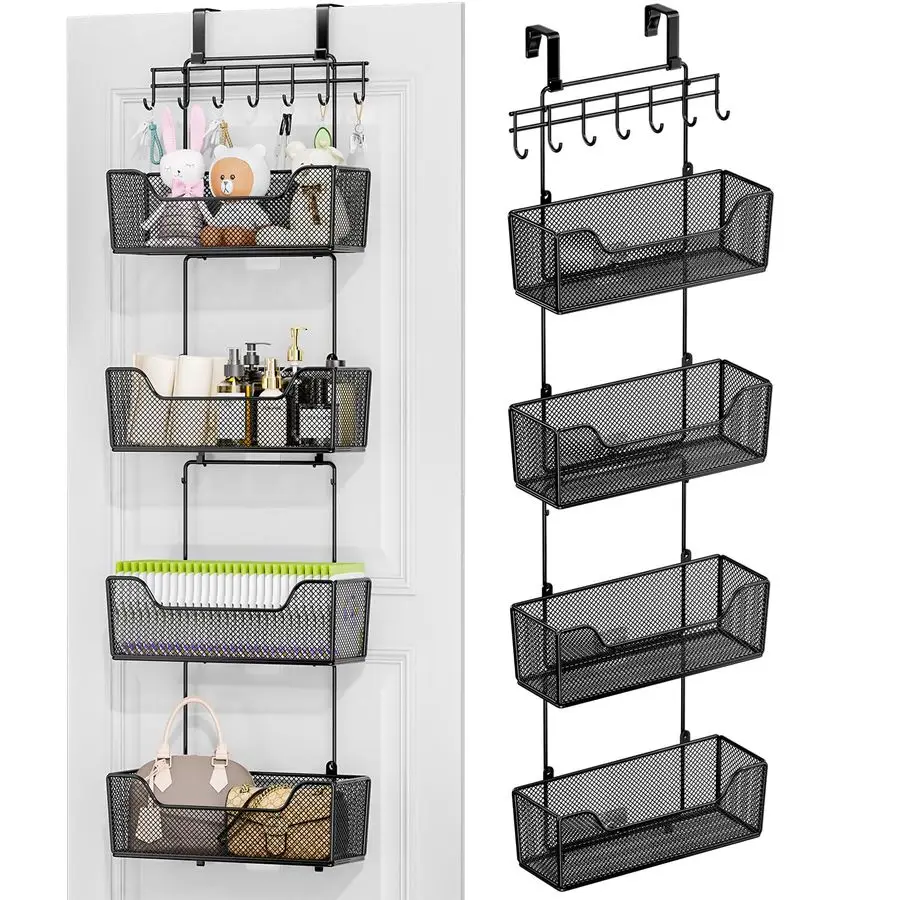 

Over The Door Organizer Hanging Door Organizer with 4 Metal Large Capacity Baskets and Adjustable Coat Hook for Bathroom Bedroom