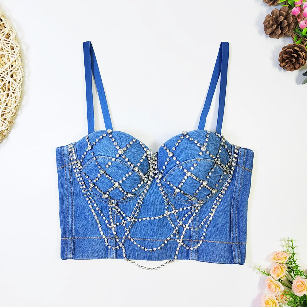 

customized women's adult sexy lingerie fishbone denim bra breast pads vest style shaping nail bead wrapped chest top bodysuit