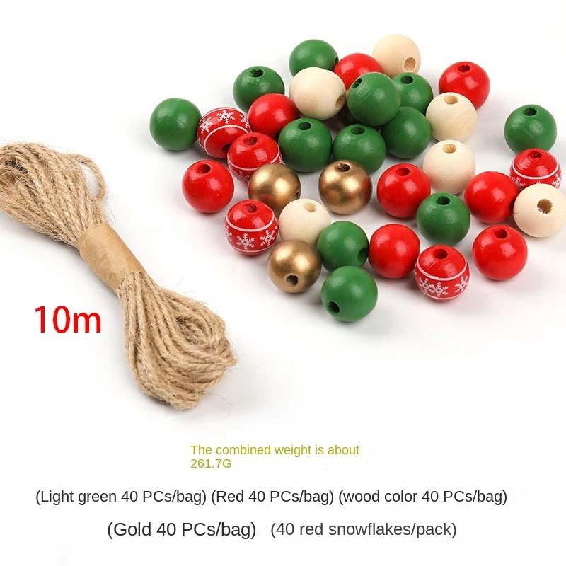 Ensemble de perles en bois de Noël colorées, ficelle de 10m de long, artisanat, décoration de bricolage, 16mm, 200 pièces