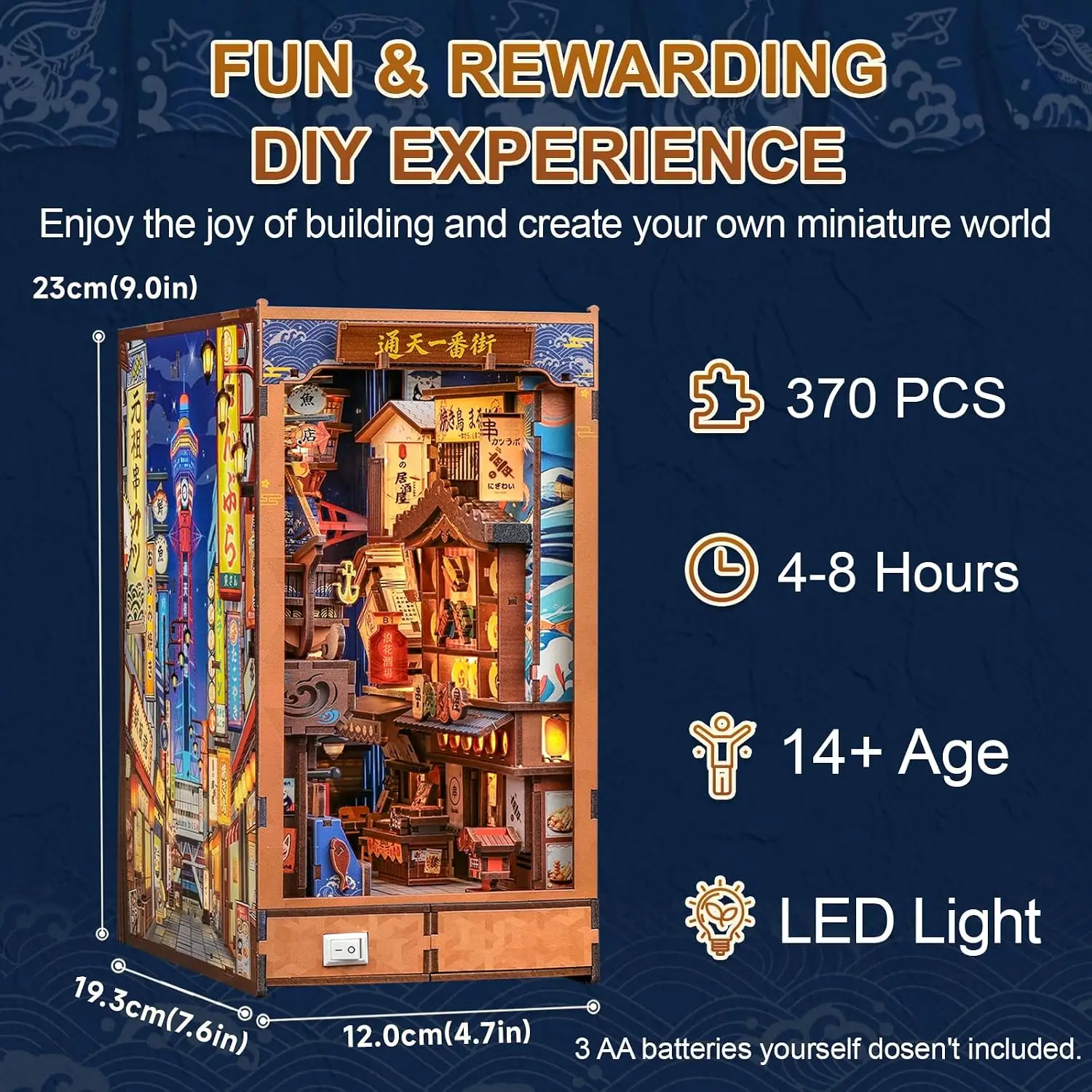 Book Nook Kit - DIY Miniature Japanese Osaka Shinsekai Alley | 3D Wooden Puzzle 370 Pcs Bookshelf Insert with LED Light, Vintage
