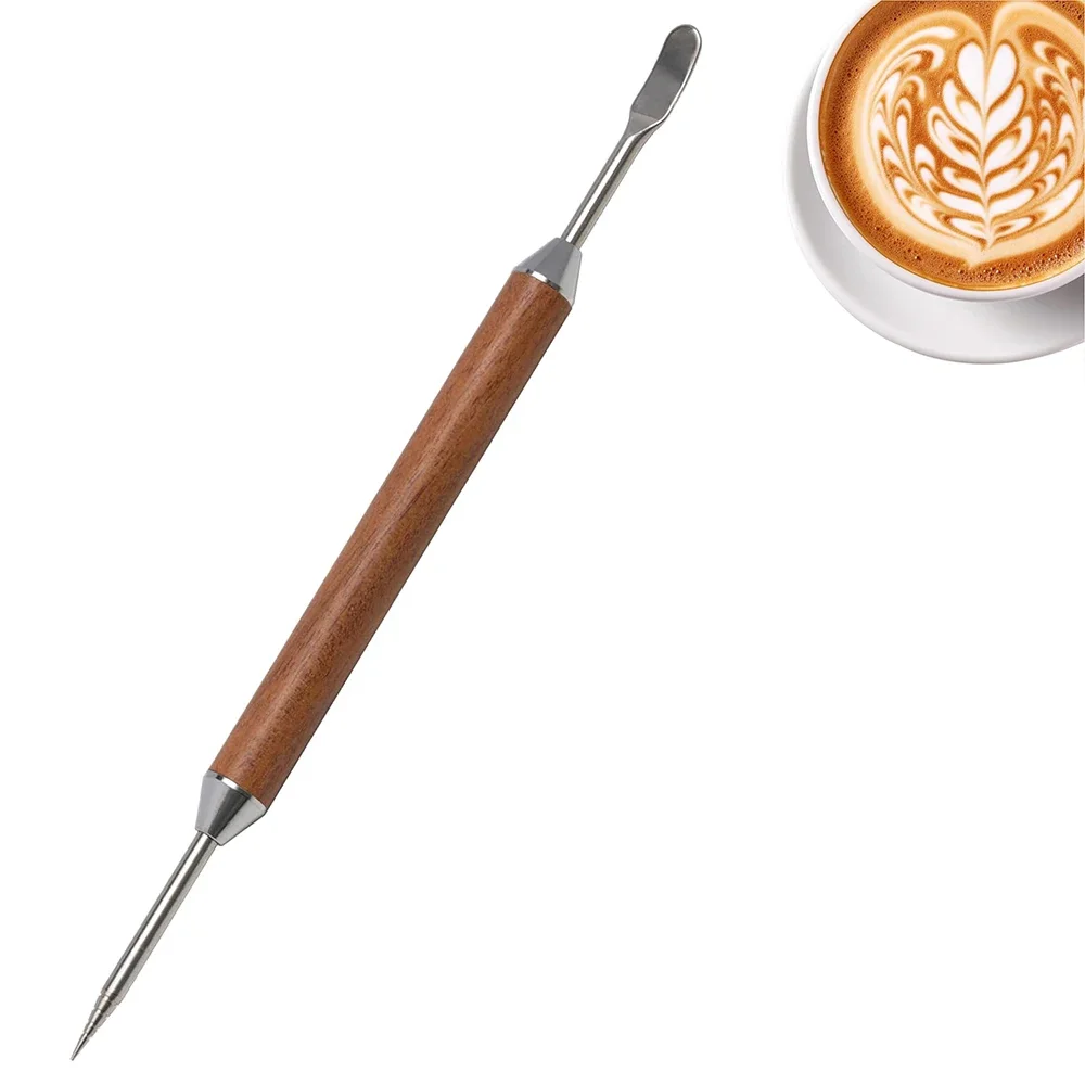 Stainless Steel Coffee Latte Art Pen Stainless Steel Spice Cappuccino Pull Needle Wooden Carving Hook for Floral Design