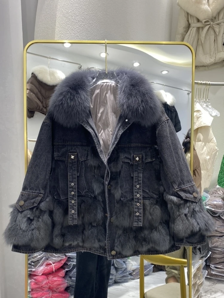 2023 Winter Fox Fur Denim Parka Fur Coat Women Fashion Chain Down Parka Female Thick Warm Genuine Fur Jacket Outerwear