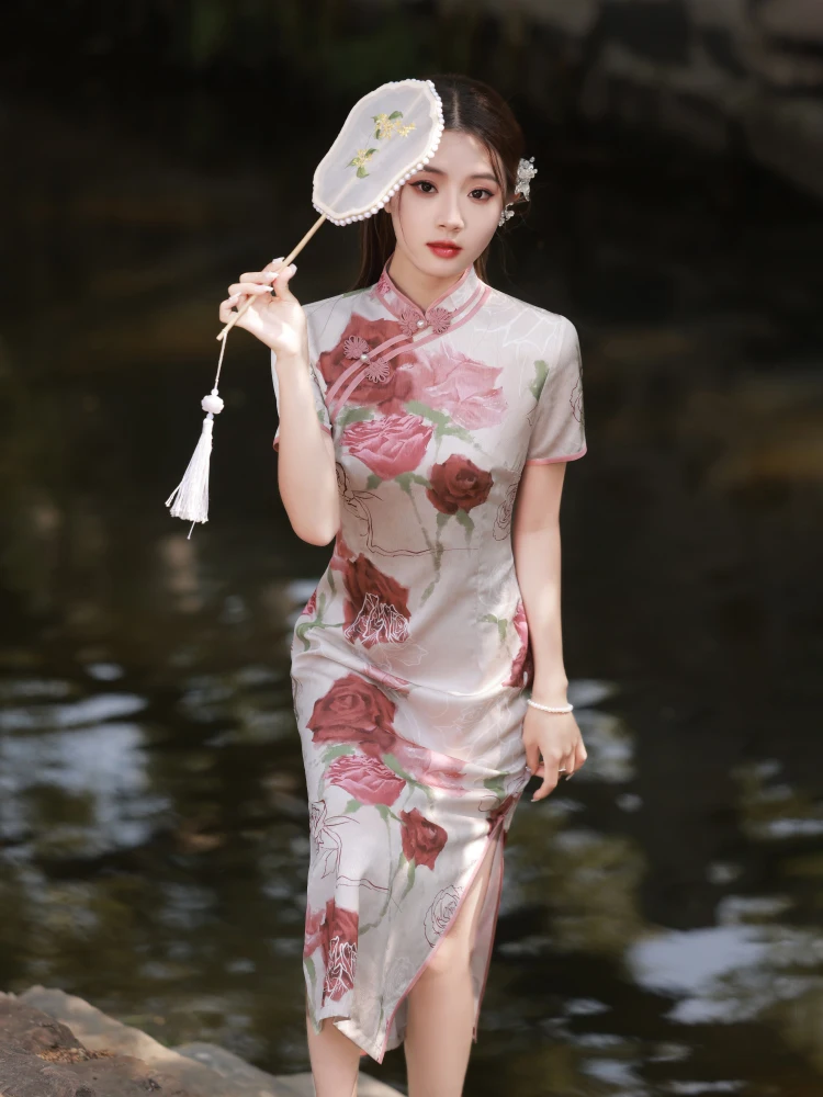 Rose Cheongsam New Improved Young High-End Temperament High-Grade Chinese Style Dress Women's Summer Long